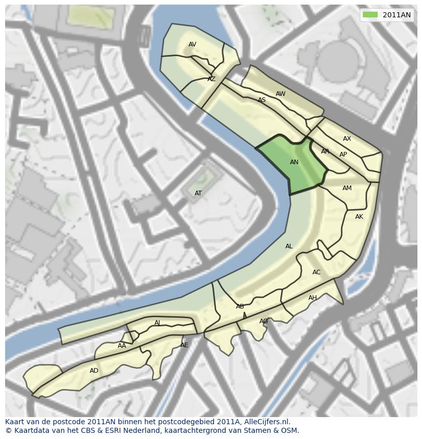 Afbeelding van het postcodegebied 2011 AN op de kaart.