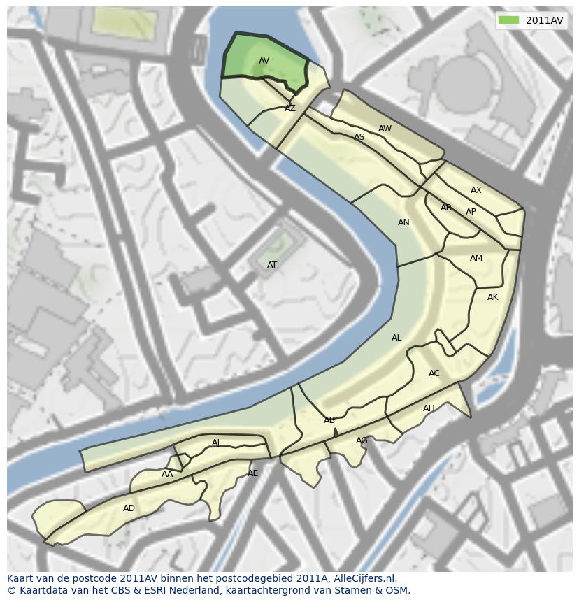 Afbeelding van het postcodegebied 2011 AV op de kaart.