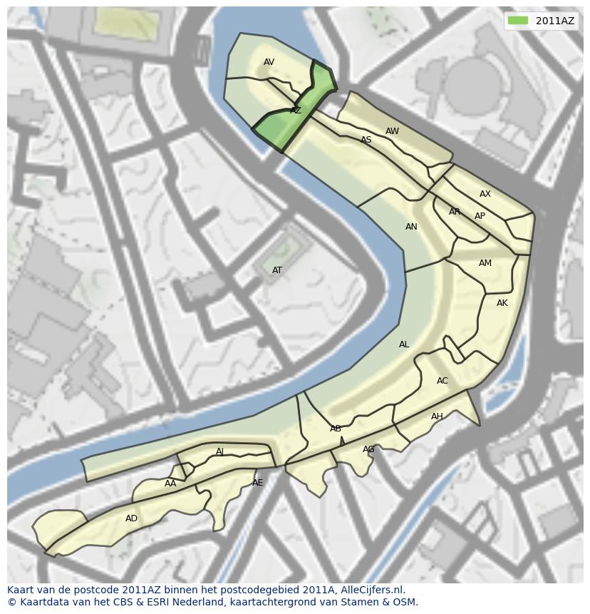 Afbeelding van het postcodegebied 2011 AZ op de kaart.