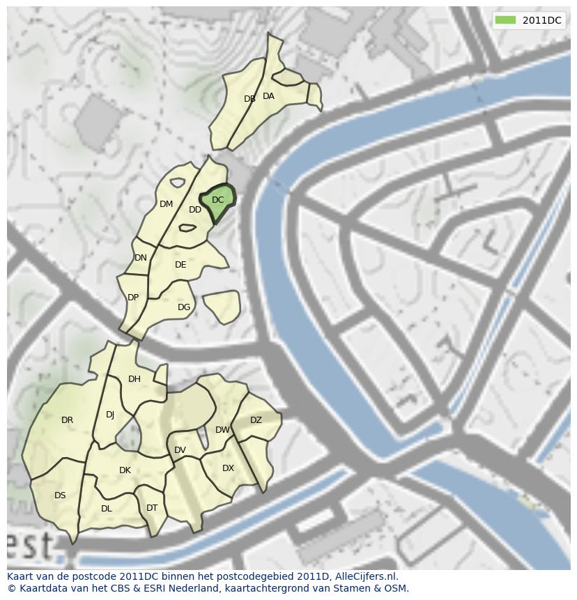 Afbeelding van het postcodegebied 2011 DC op de kaart.