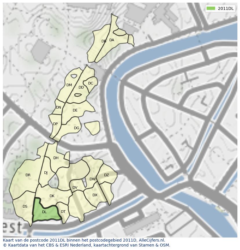 Afbeelding van het postcodegebied 2011 DL op de kaart.