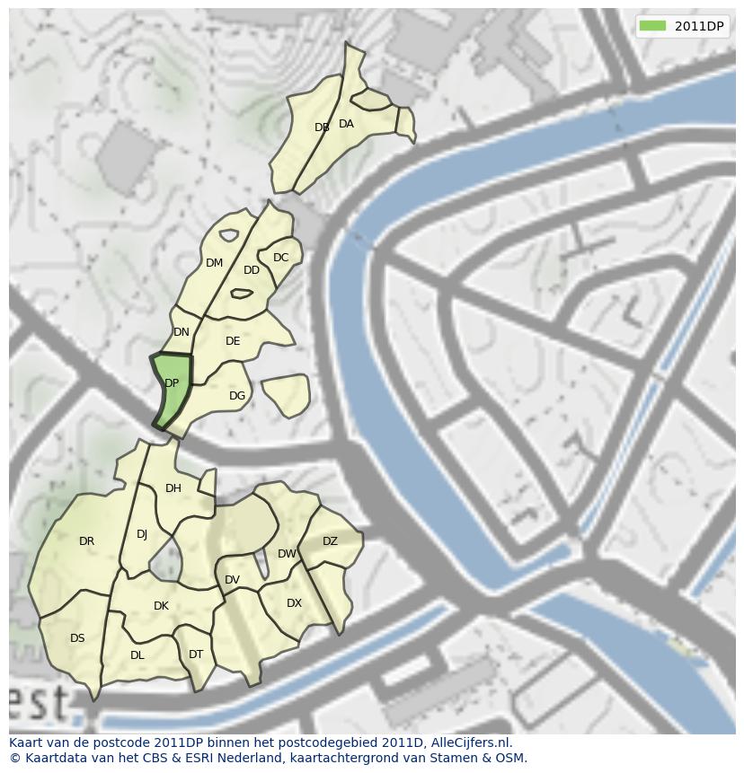 Afbeelding van het postcodegebied 2011 DP op de kaart.