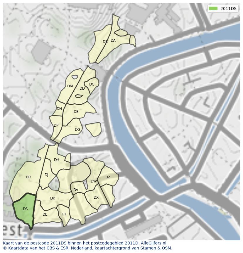 Afbeelding van het postcodegebied 2011 DS op de kaart.