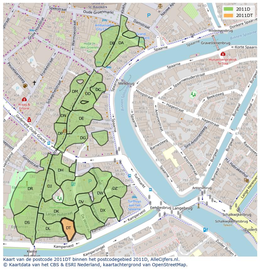 Afbeelding van het postcodegebied 2011 DT op de kaart.