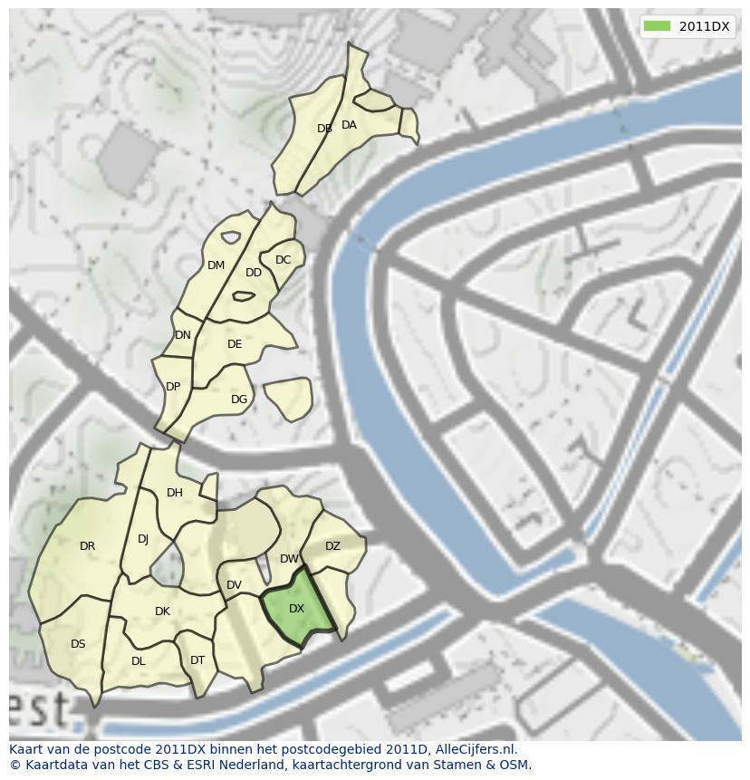 Afbeelding van het postcodegebied 2011 DX op de kaart.