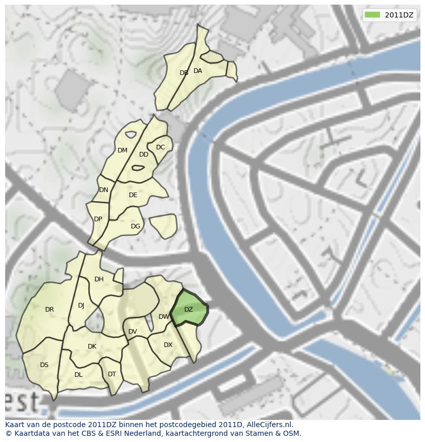 Afbeelding van het postcodegebied 2011 DZ op de kaart.