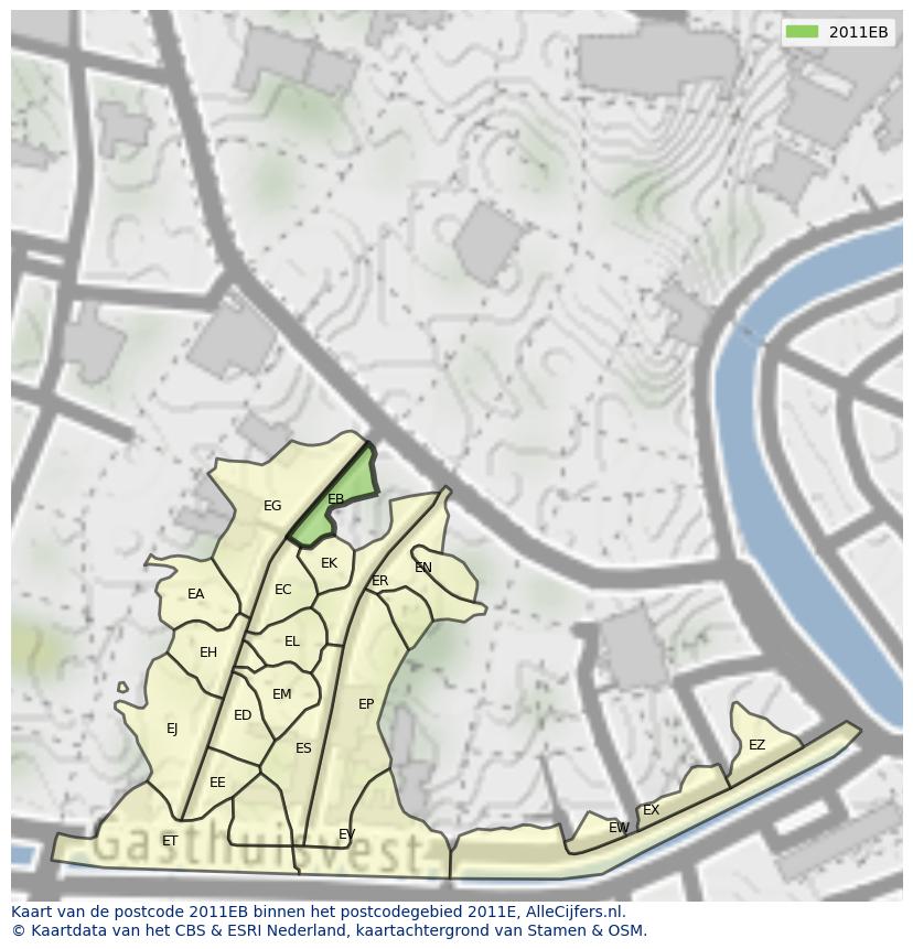 Afbeelding van het postcodegebied 2011 EB op de kaart.