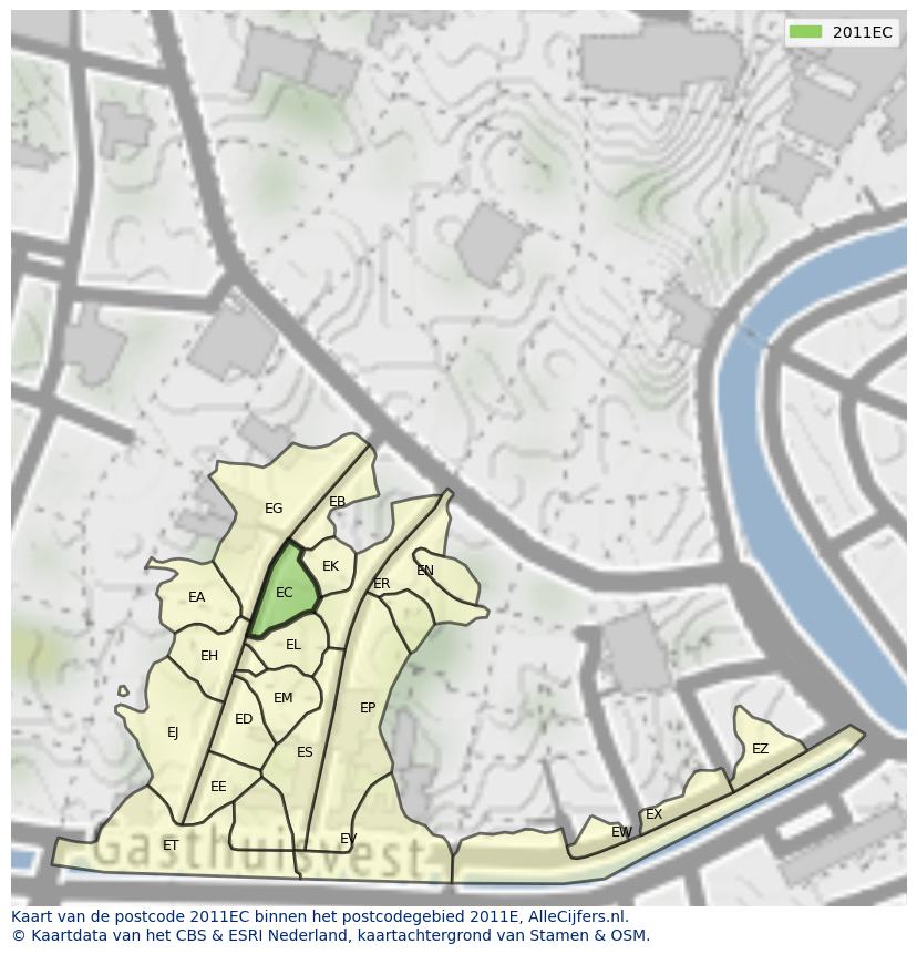 Afbeelding van het postcodegebied 2011 EC op de kaart.