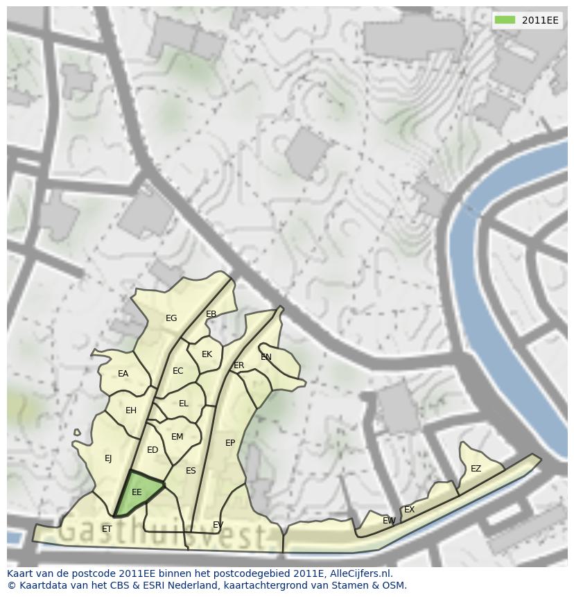 Afbeelding van het postcodegebied 2011 EE op de kaart.