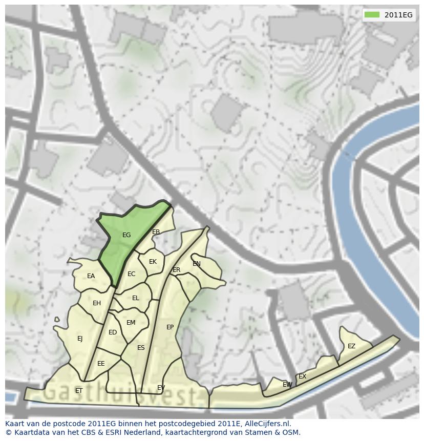 Afbeelding van het postcodegebied 2011 EG op de kaart.