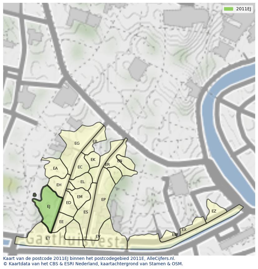 Afbeelding van het postcodegebied 2011 EJ op de kaart.