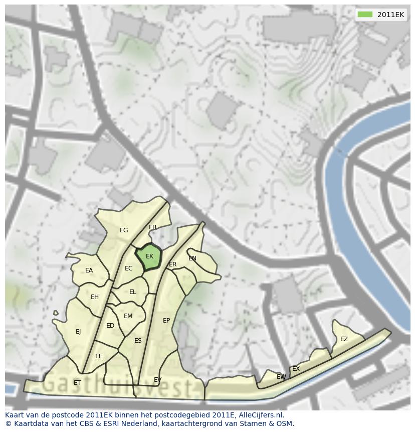 Afbeelding van het postcodegebied 2011 EK op de kaart.