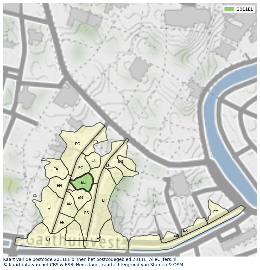 Afbeelding van het postcodegebied 2011 EL op de kaart.