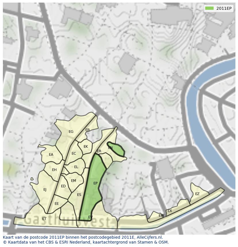 Afbeelding van het postcodegebied 2011 EP op de kaart.