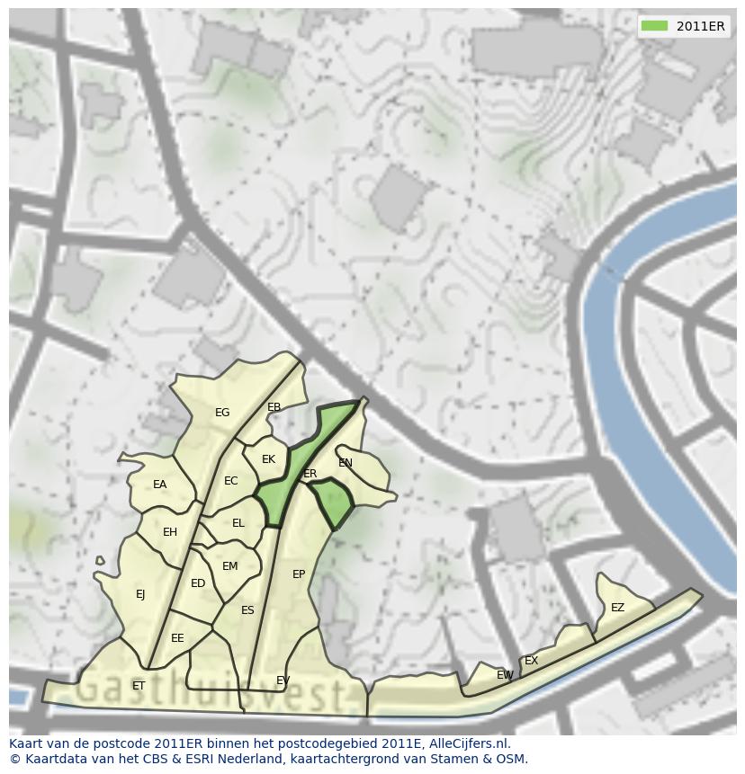 Afbeelding van het postcodegebied 2011 ER op de kaart.