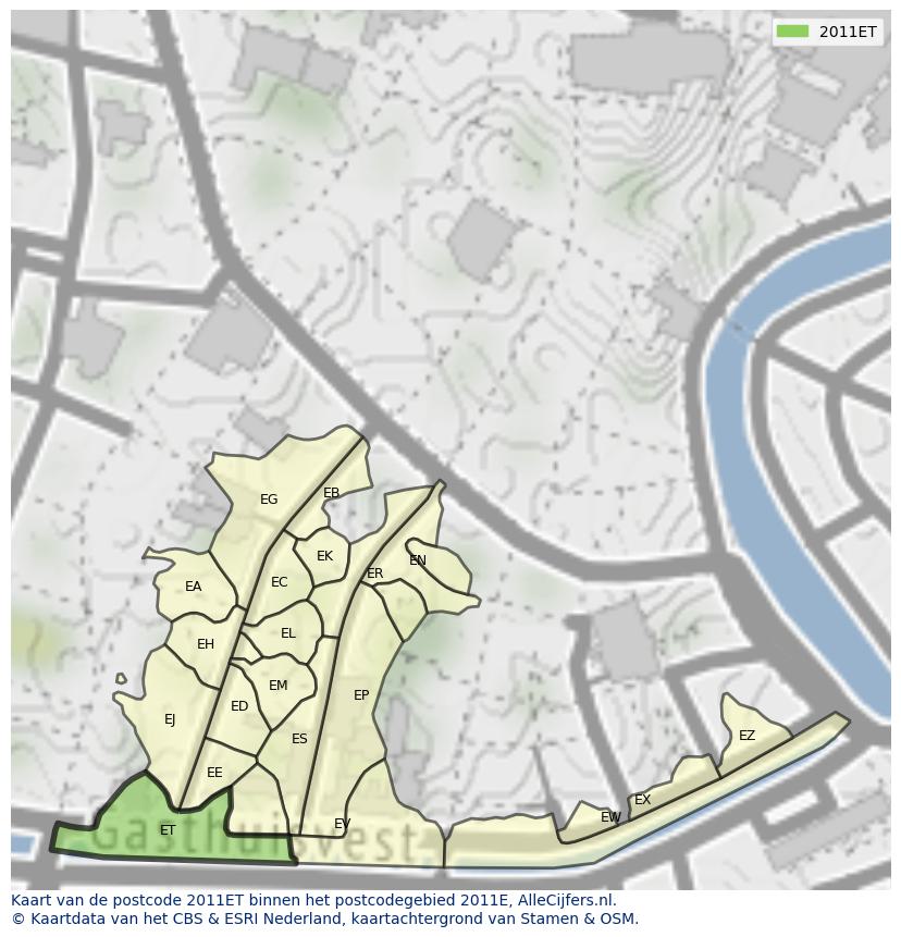 Afbeelding van het postcodegebied 2011 ET op de kaart.