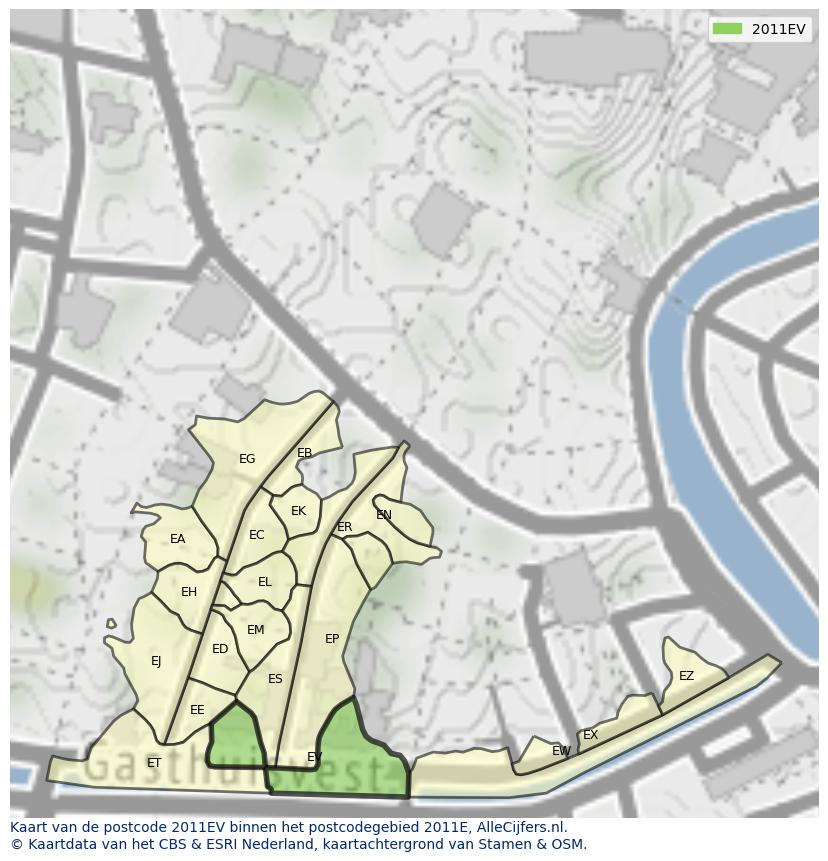 Afbeelding van het postcodegebied 2011 EV op de kaart.
