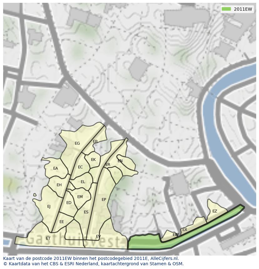 Afbeelding van het postcodegebied 2011 EW op de kaart.