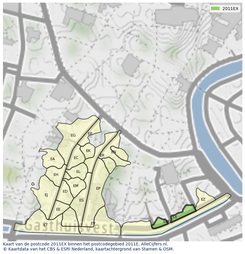 Afbeelding van het postcodegebied 2011 EX op de kaart.