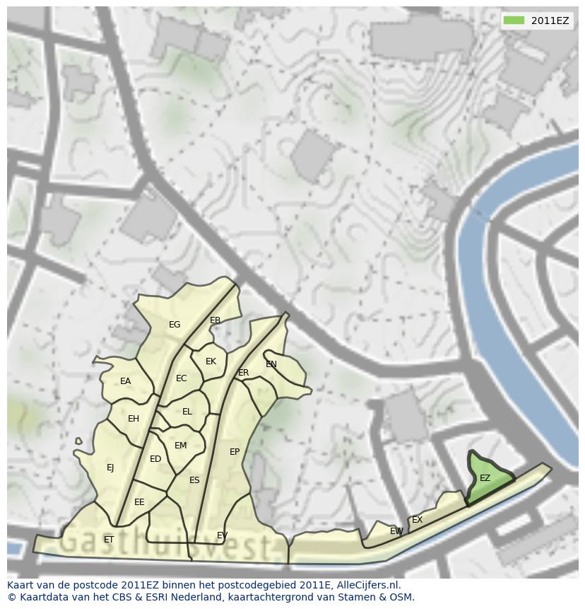 Afbeelding van het postcodegebied 2011 EZ op de kaart.