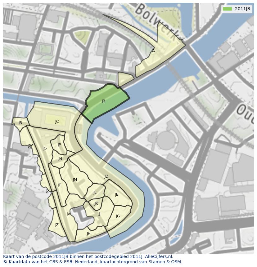 Afbeelding van het postcodegebied 2011 JB op de kaart.
