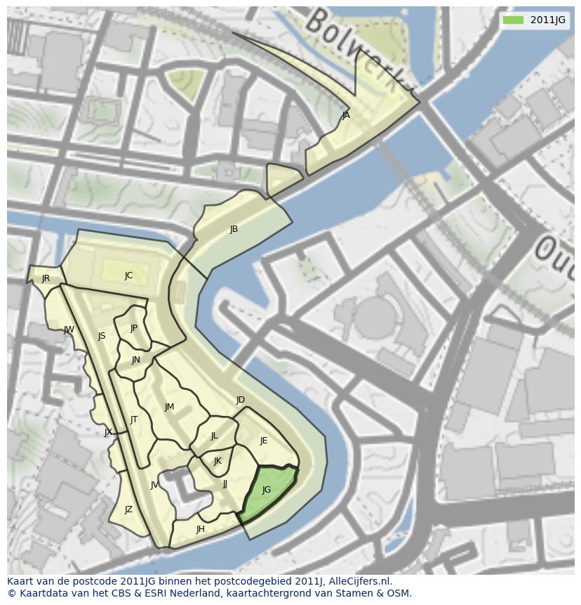 Afbeelding van het postcodegebied 2011 JG op de kaart.