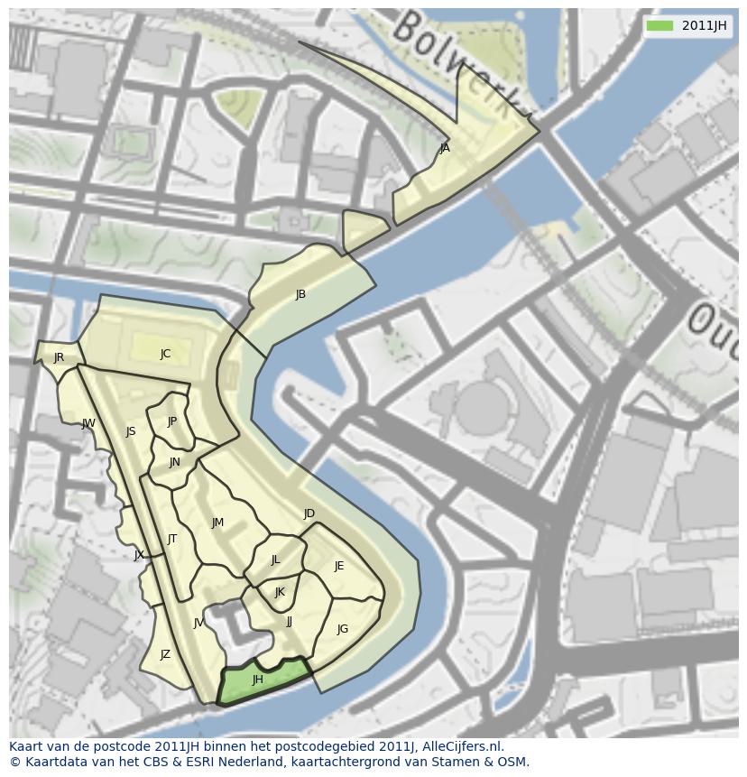 Afbeelding van het postcodegebied 2011 JH op de kaart.