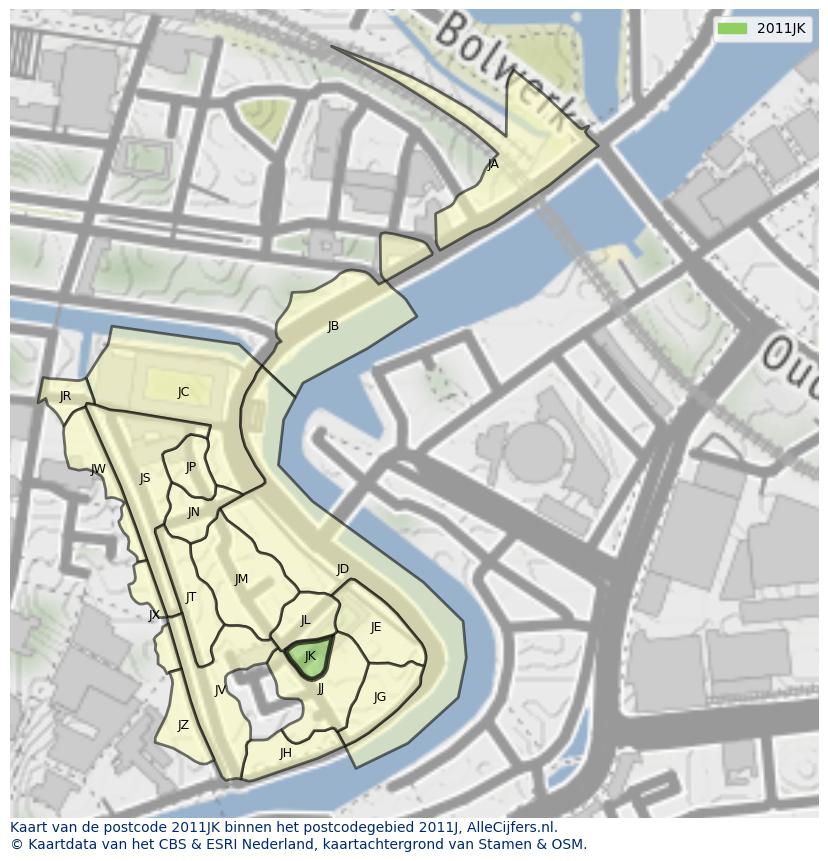 Afbeelding van het postcodegebied 2011 JK op de kaart.