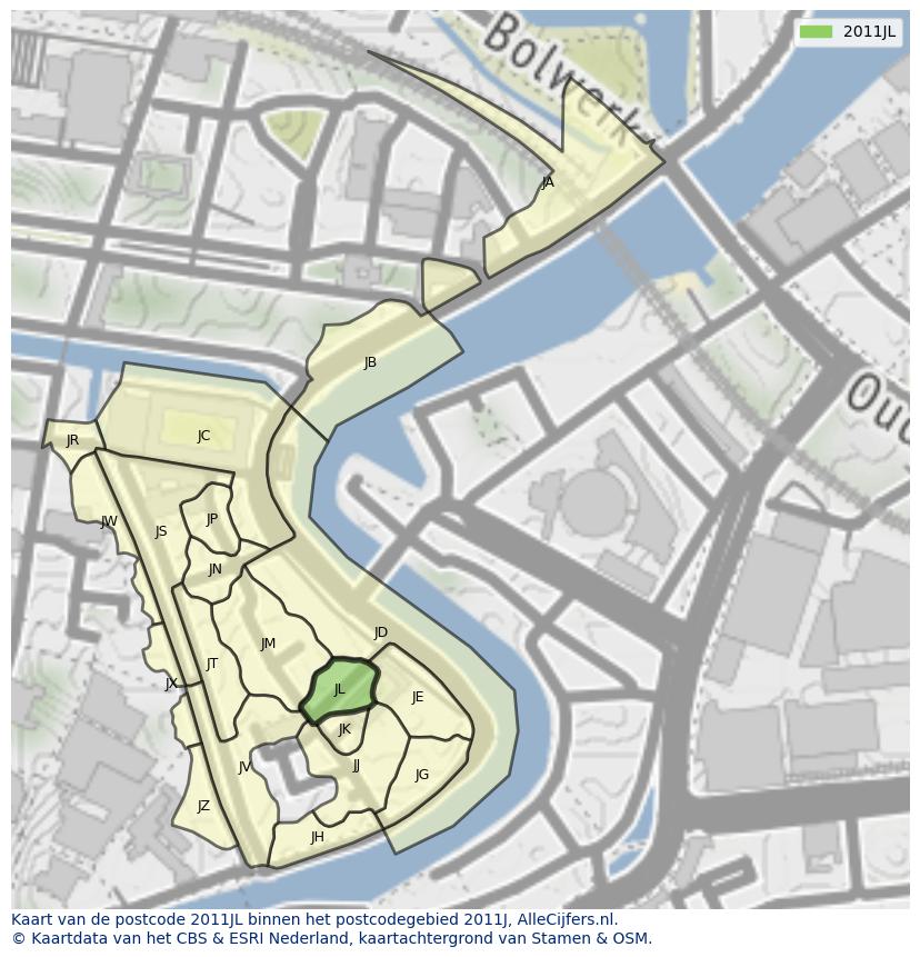 Afbeelding van het postcodegebied 2011 JL op de kaart.