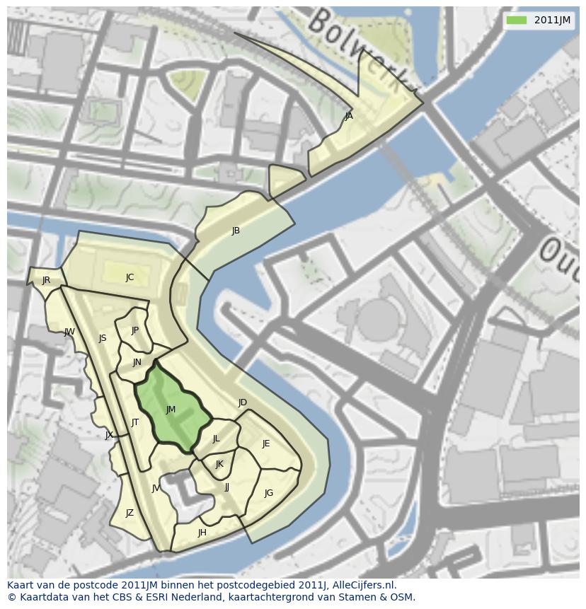 Afbeelding van het postcodegebied 2011 JM op de kaart.