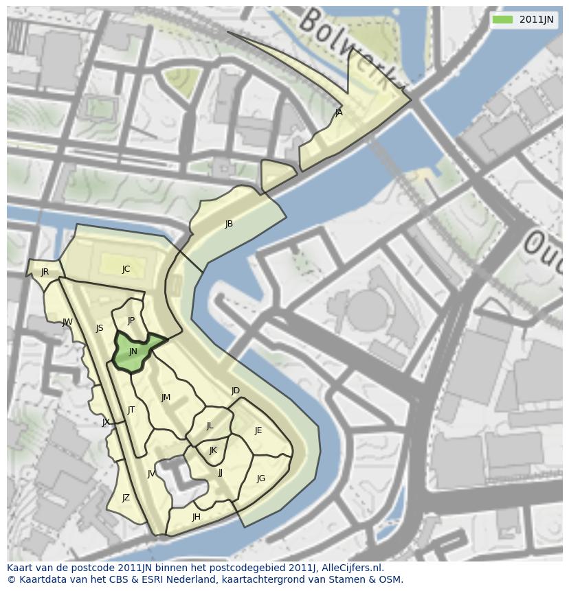 Afbeelding van het postcodegebied 2011 JN op de kaart.