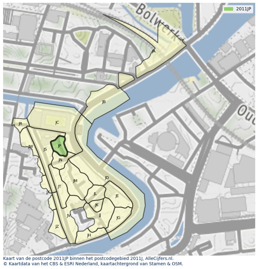 Afbeelding van het postcodegebied 2011 JP op de kaart.