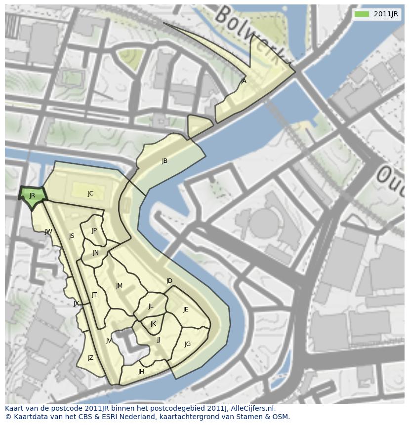 Afbeelding van het postcodegebied 2011 JR op de kaart.