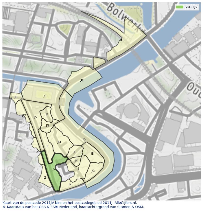 Afbeelding van het postcodegebied 2011 JV op de kaart.