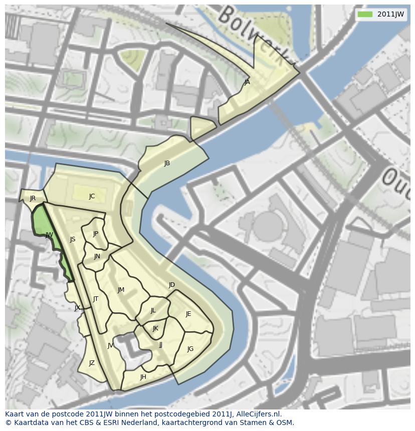 Afbeelding van het postcodegebied 2011 JW op de kaart.