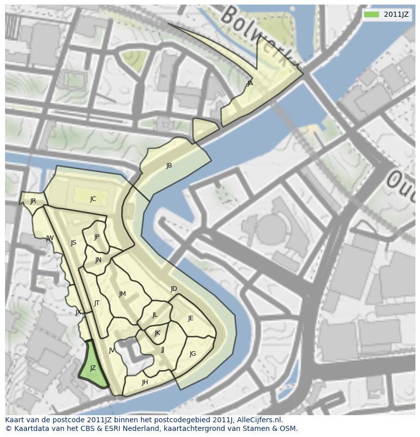 Afbeelding van het postcodegebied 2011 JZ op de kaart.
