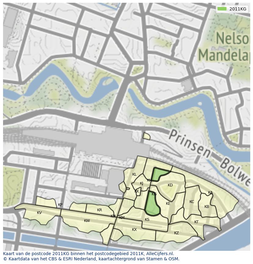 Afbeelding van het postcodegebied 2011 KG op de kaart.