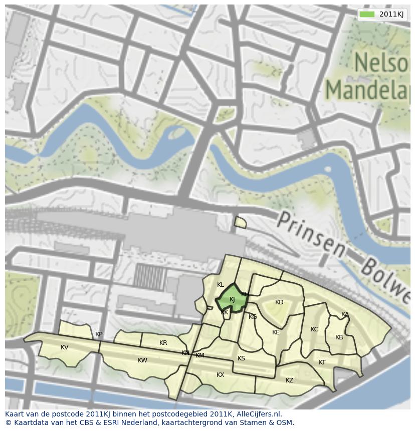 Afbeelding van het postcodegebied 2011 KJ op de kaart.