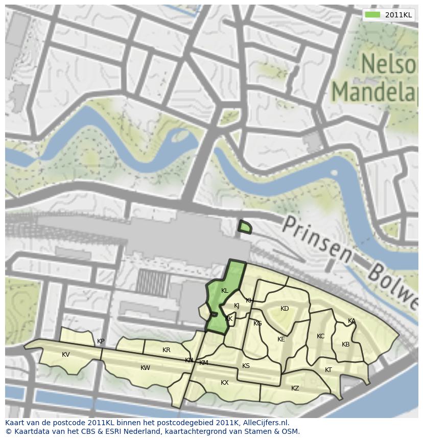 Afbeelding van het postcodegebied 2011 KL op de kaart.