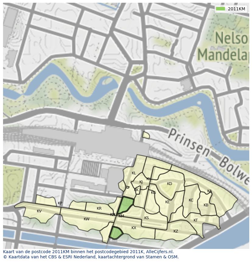 Afbeelding van het postcodegebied 2011 KM op de kaart.