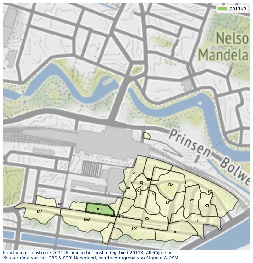 Afbeelding van het postcodegebied 2011 KR op de kaart.