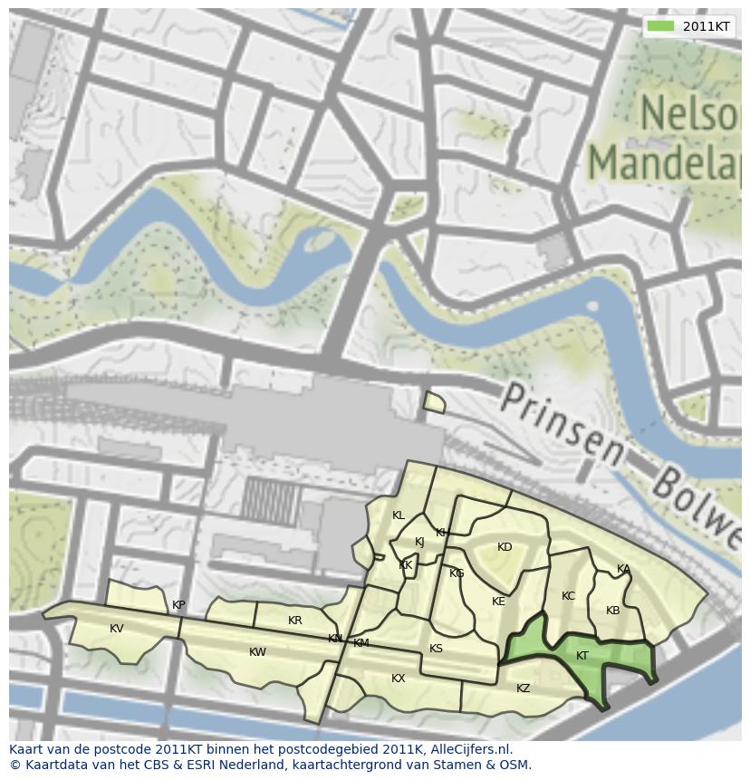 Afbeelding van het postcodegebied 2011 KT op de kaart.
