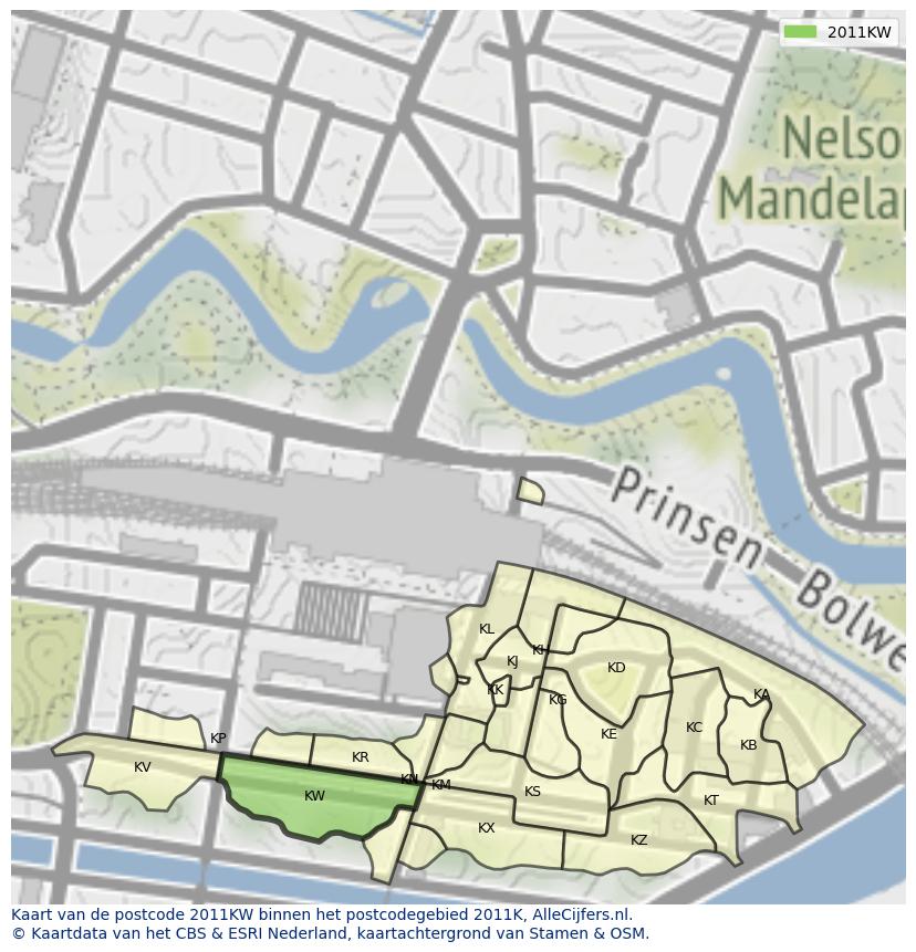 Afbeelding van het postcodegebied 2011 KW op de kaart.