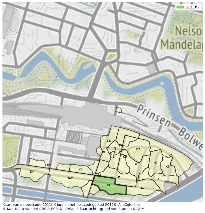Afbeelding van het postcodegebied 2011 KX op de kaart.