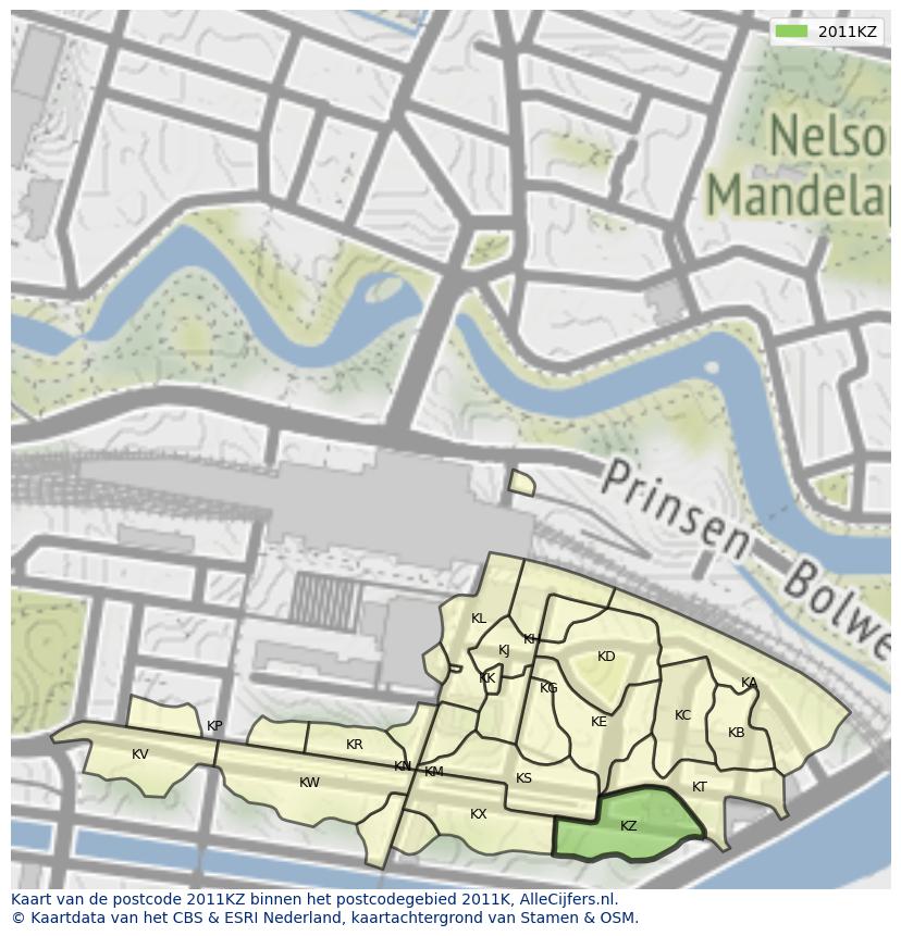 Afbeelding van het postcodegebied 2011 KZ op de kaart.