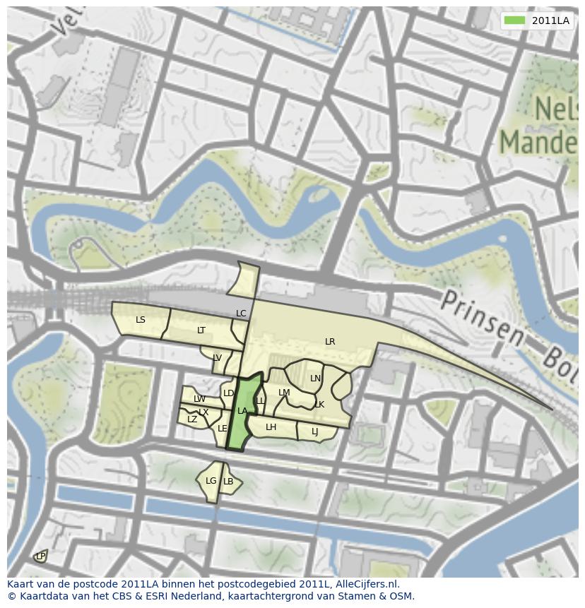 Afbeelding van het postcodegebied 2011 LA op de kaart.