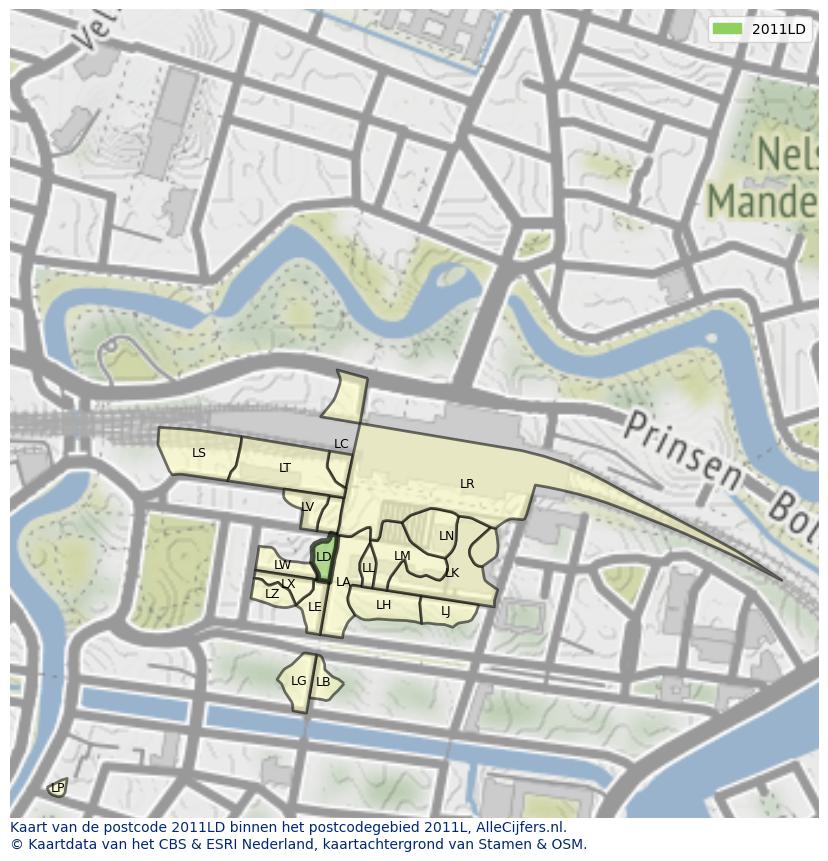 Afbeelding van het postcodegebied 2011 LD op de kaart.