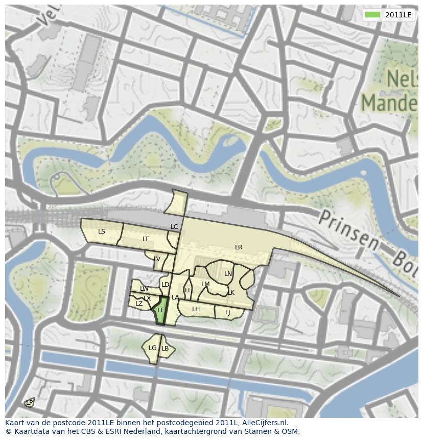 Afbeelding van het postcodegebied 2011 LE op de kaart.