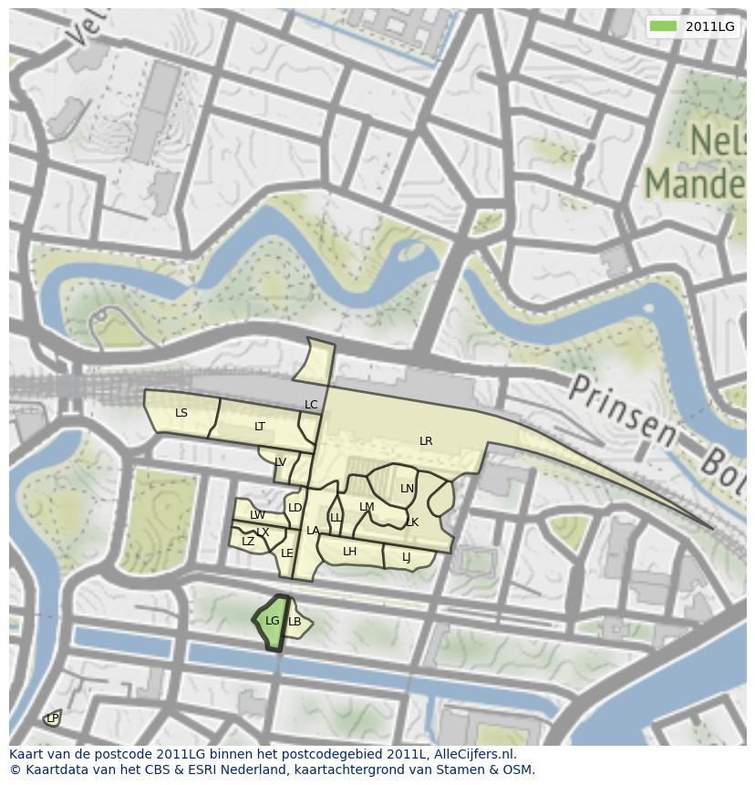 Afbeelding van het postcodegebied 2011 LG op de kaart.