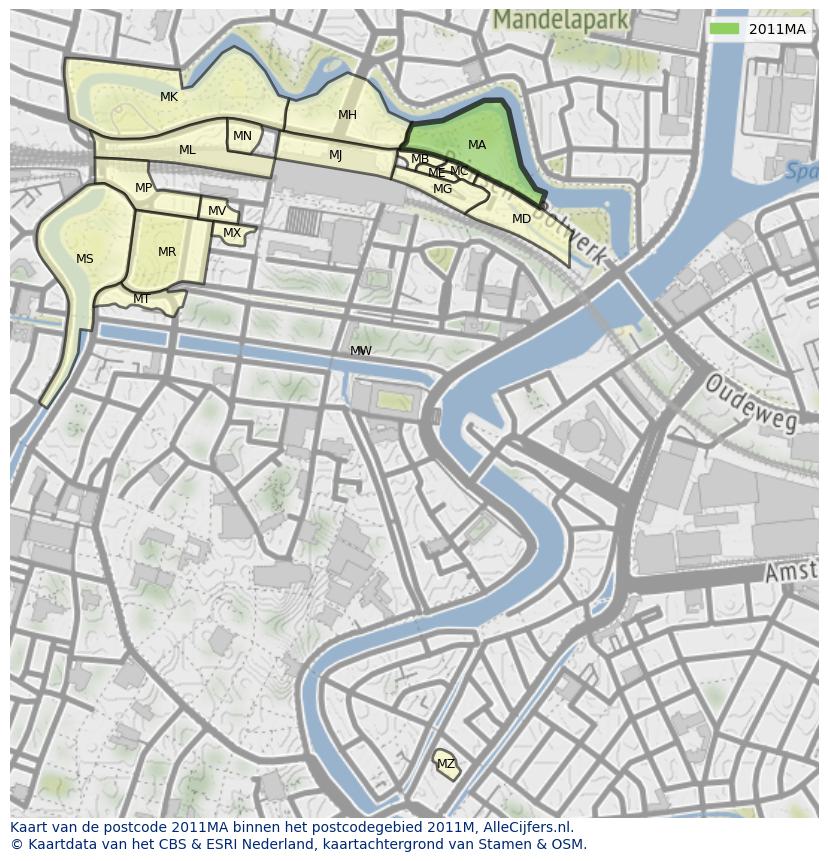 Afbeelding van het postcodegebied 2011 MA op de kaart.
